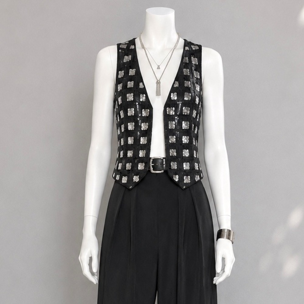 Vintage Silk Sequin Beaded Check Vest Women's S Black Silver Art Deco Cee cee